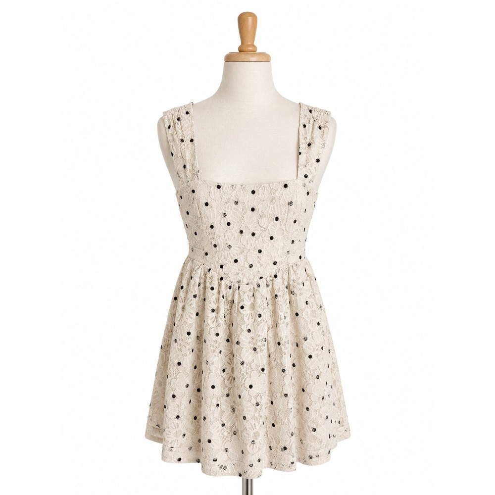 NWT For Love & Lemons Womens Large Donna Ivory Polka Dot Lace Mini Dress NWT
